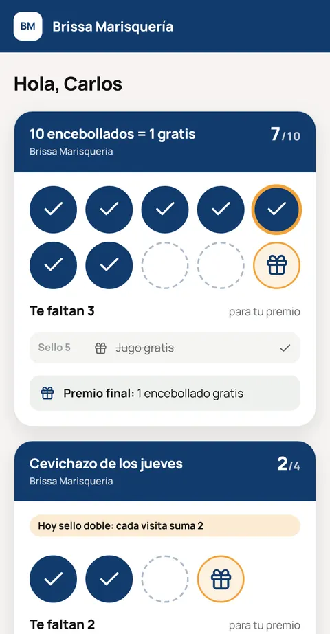 Tarjeta digital de Brissa Marisquería: 7 de 10 sellos para el encebollado gratis