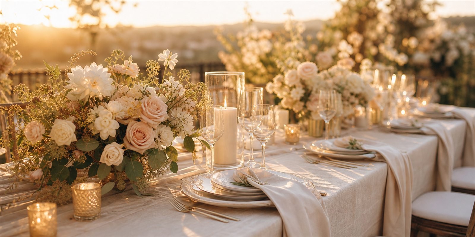 Decoración elegante de boda con flores, velas y mesa de recepción